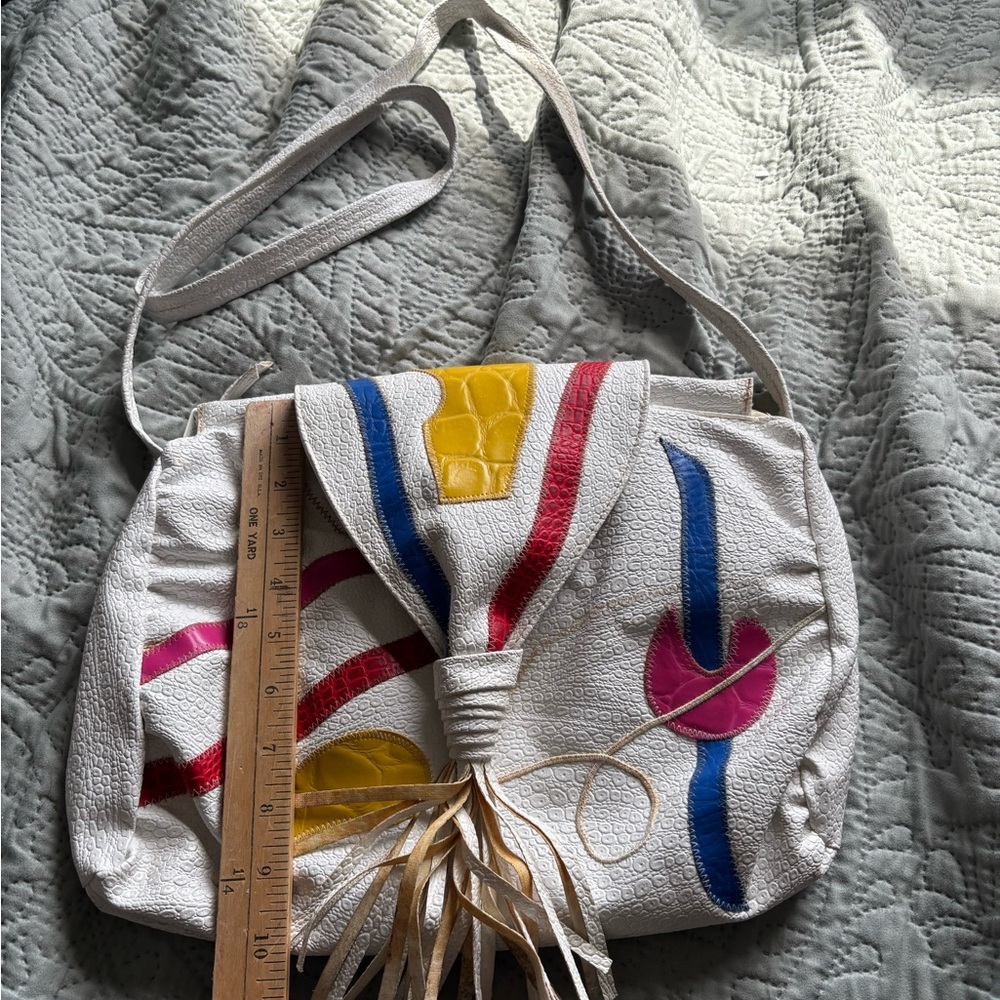 Vintage leather purse Colorful Abstract Women's Bag shapes and fringe retro